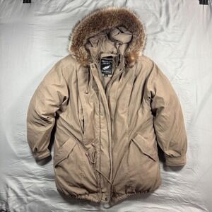 VTG Bromley Sport Real Down Parka Jacket Taupe Brown Faux Fur Hood Mens L Winter